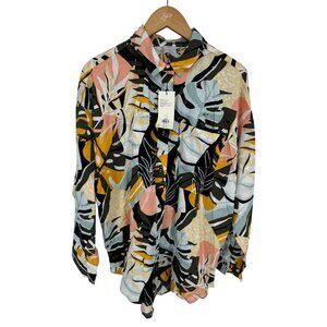 Calia Womens Tropical Button Up‎ Shirt Size M NEW Cover Up Linen Blend Oversized